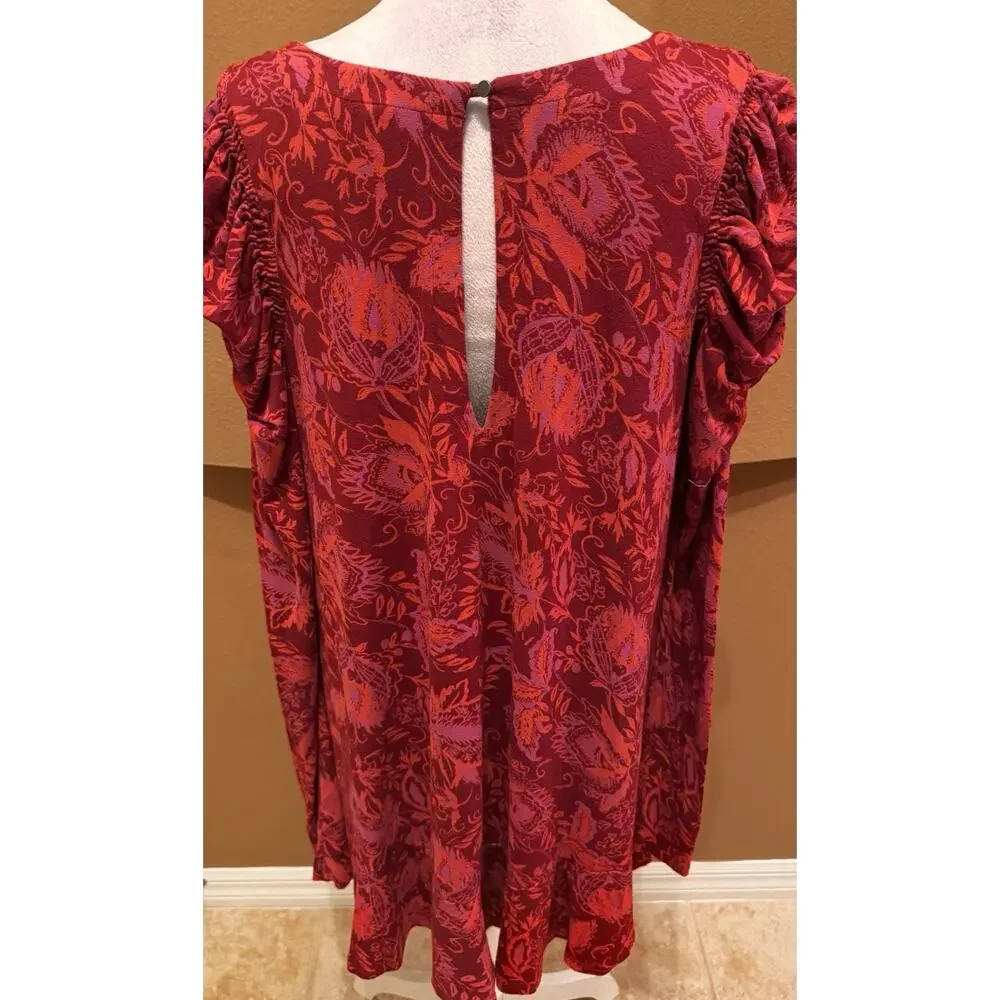 Free People Hello Lover Tunic Top Womens S Red Floral Long Sleeve Puff Shoulder